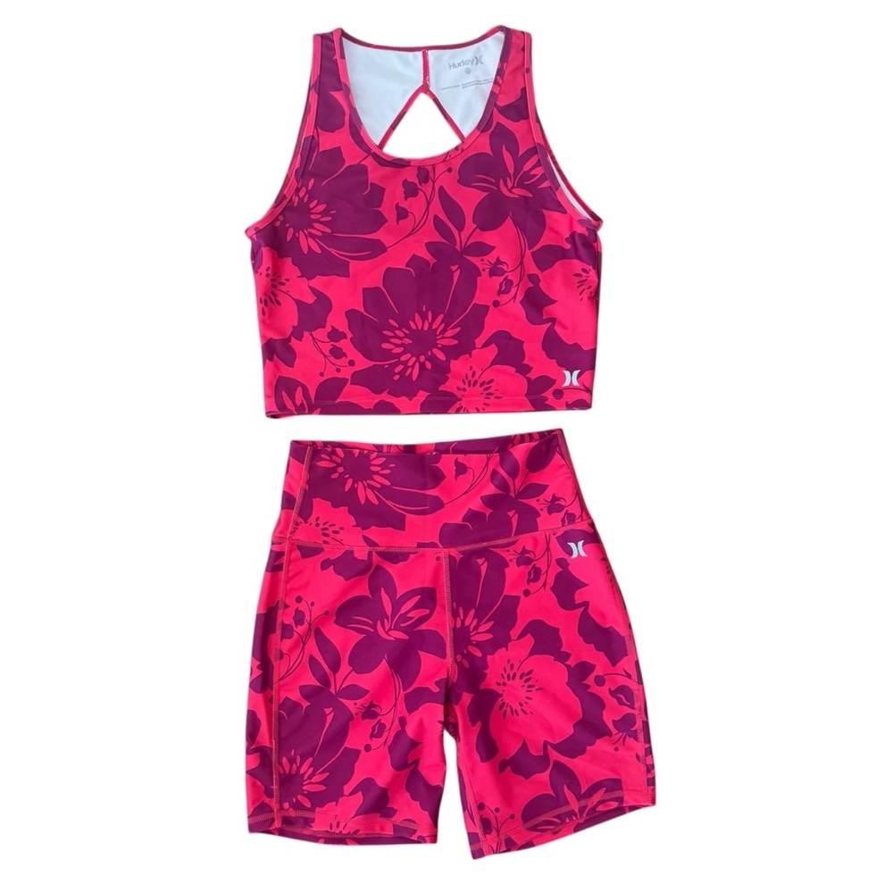 Hurley Matching Set - Floral Sports Tank & Biker Shorts (Size S) 🌺